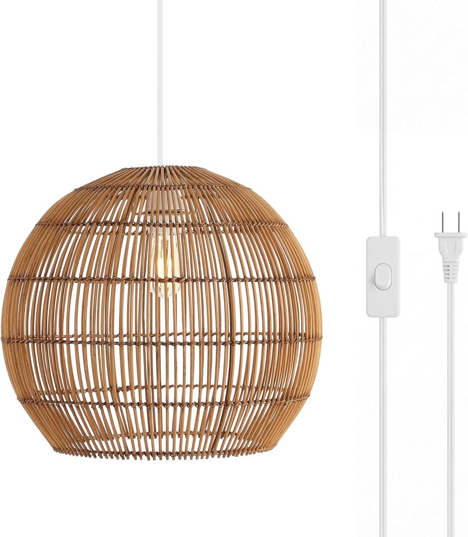 JONATHAN Y 19" Brown 1-Light Rattan Pendant Light, Farmhouse Coastal Globe Swag Lamp for Kitchen Dining Room, 180" Cord, Plug-in or Hardwired, LED Bulb Included JYL1404A, 19.0 in