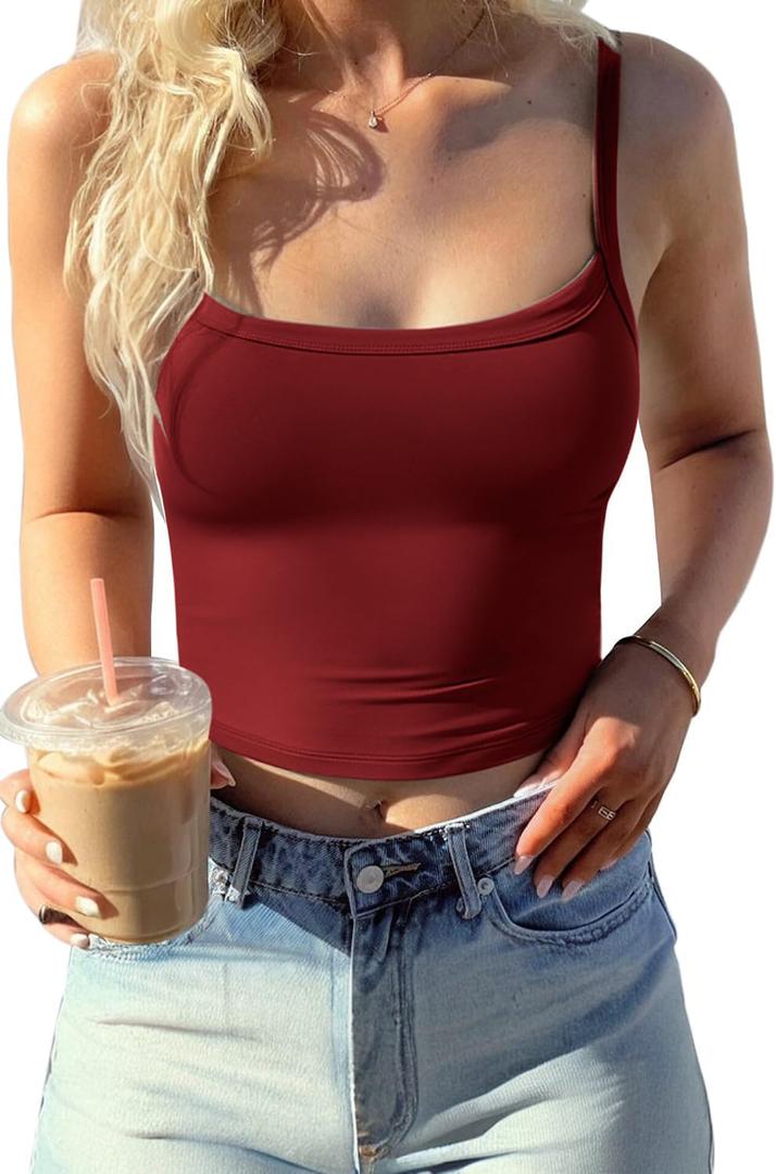 CHYRII Womens Tank Tops with Built in Bra Fashion Workout Top Longline Sports Bra Basic Camisole Top (Red, XL)