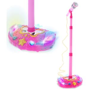 Mozlly Super Star Kids Karaoke Machine with Microphone Stand Playset - Pink Microphone with Stand with Built-in Jack and Speaker for MP3 Player, Singing Toys for Girls and Boys with Music and Light