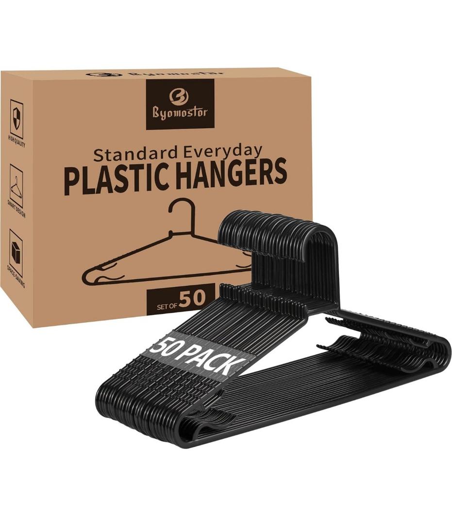 Black Plastic Hangers 50 Pack, Light Weight Durable Clothes Hangers G-Shape Standard Size Non-Slip Coat Hanger Adult Clothes Hangers for Laundry & Everyday Use -Slim & Space Saving