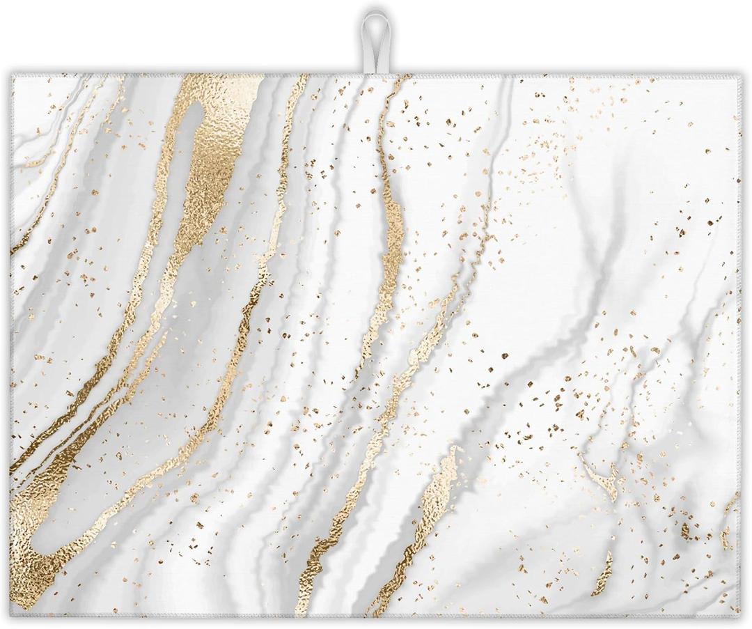 White Gold Marble Dish Drying Mats 18x24 Inch, Dish Pad Drying Rack Mat for Kitchen Counter Ultra Absorbent Microfiber Dishware Coffee Maker Bar Countertop Decor