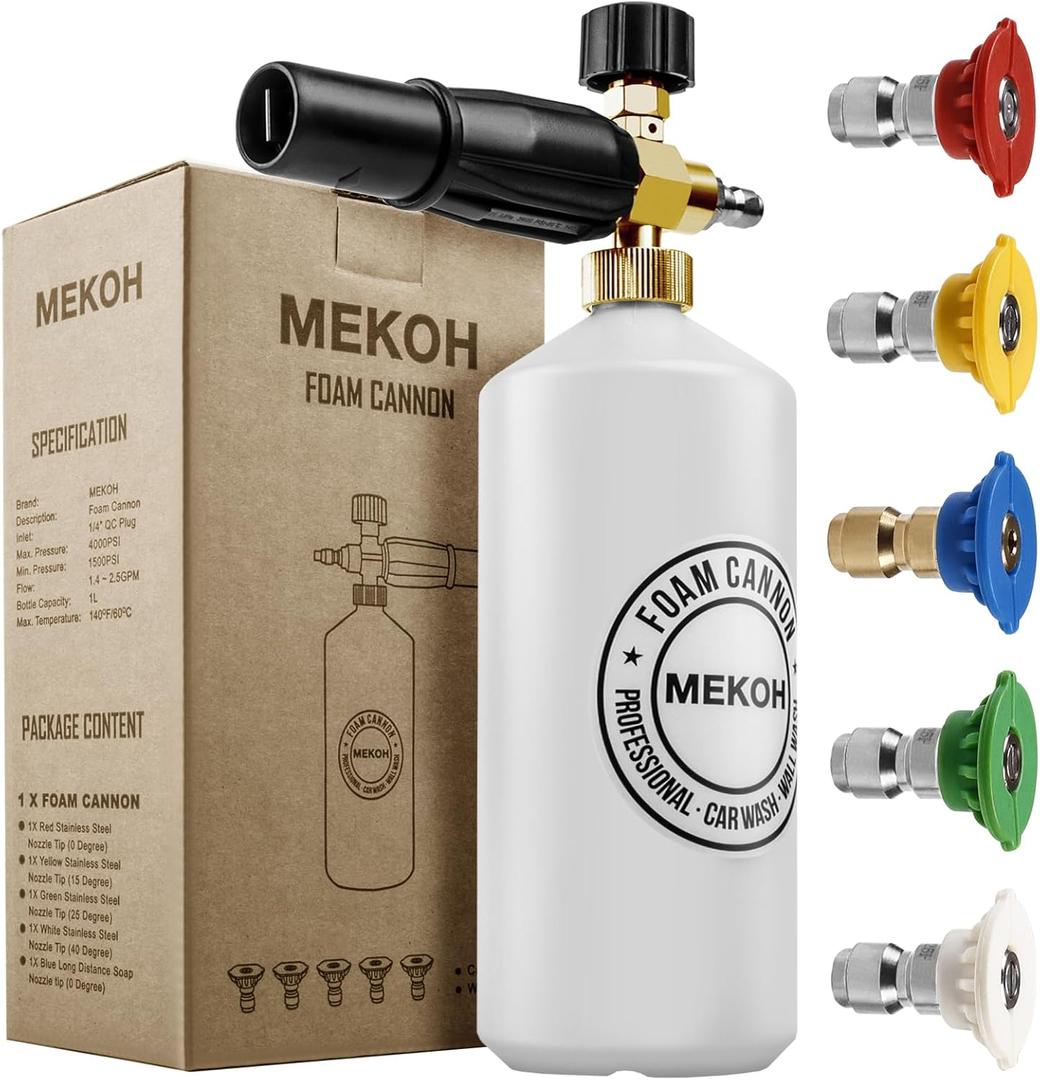 MEKOH Foam Cannon for Pressure Washer, 4000psi Car Wash Foam Gun, 1 Liter Foam Sprayer, Pressure Washer Soap Attachment with 1/4" Quick Connector, Snow Soap Blaster with 5 Nozzles for Car Detailing (White)