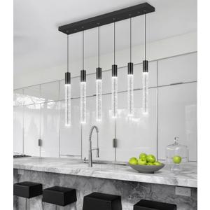 6 Lights Rectangular Crystal Pendant Lights for Kitchen Island LED Dimmable Light Modern Chandeliers Lighting Fixtures for Dining Room Bedroom Hanging Light Black