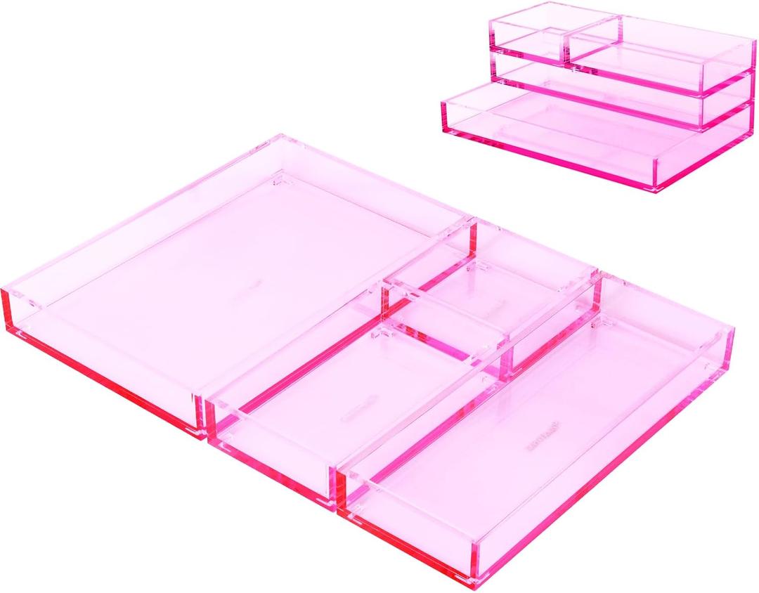 4-Piece Stackable Pink Acrylic Desk Organizer for Office or Home Desk Drawer Dividers, Makeup Vanity Storage Bins, Accessory Acrylic Tray/Half Accessory Tray/Small Tray