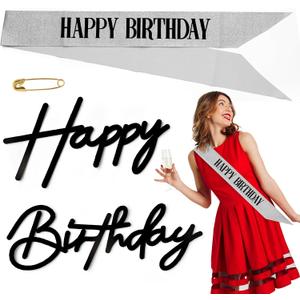 2 x Happy Birthday Sign and Sash Set - Black Felt Birthday Sign for Backdrop with Adjustable Gold Birthday Sash for Women, Girls, Party Decorations & Photo Props