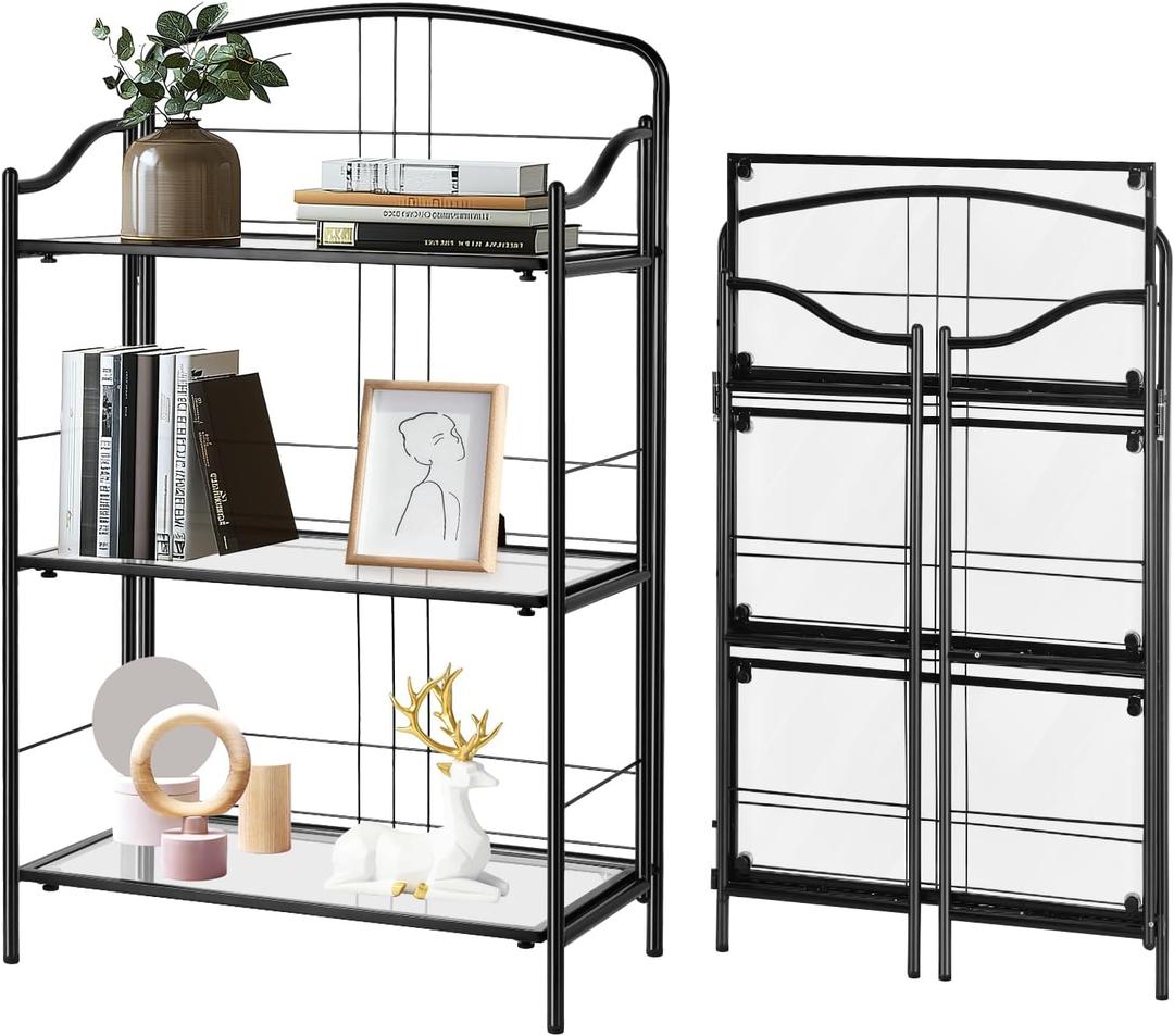 No Assembly Bookshelves, 3 Tier Classic Black Folding Book Shelf, Foldable Bookcase with Glass Shelf, Small Collapsible Display Case Storage Organizer for Bedroom, Living Room