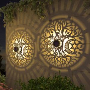 gardencave 2 Pack Solar Fence Lights Metal Solar Powered Outdoor Wall Deck Step Lights Tree Theme Waterproof Fence Light for Garden Post Patio Backyard Yard Decor (Tree, 2 Pack)