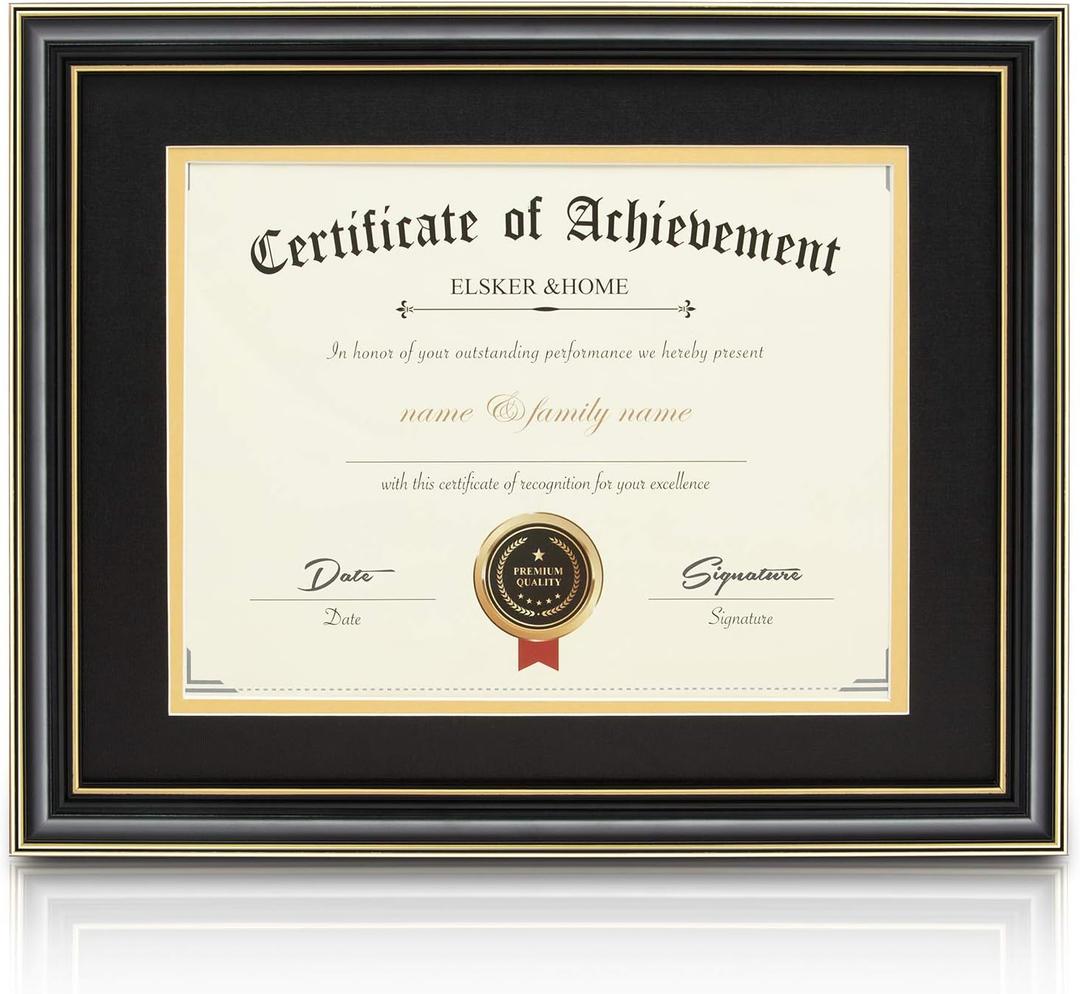 ELSKER&HOME Diploma Frames 11x14 with Mat- Solid Wood - Display 11x14 Document/Certificate with Mat or 15x18 without Mat - Wall Mount Display (Double Mat,Black Mat with Golden Rim)