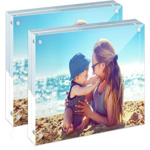 HELPLEX Acrylic Frames, 2 Pack 4x4, 20mm Thicker Frameless Clear Frame, Double Sided Magnetic, Free Standing Desktop Display