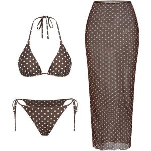 ZAFUL Womens 3pcs Swimsuit Floral Halter Triangle Bikini Top Tie Side Bottom with Long Sheer Cover Up Skirt (Brown, L)