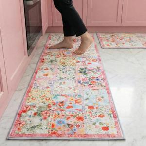 2 x Pink Floral Kitchen Rugs Set of 2 Cute Farmhouse Floor Mats Soft Non Slip Cushioned Washable Kitchen Rugs for Home Entrance Laundry Office Sink Spring Summer Decor, 17 x30 +17 x47