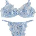 Floerns Women's Sexy Applique Lace Underwire Bra Top and Thong Lingerie Set (Blue, L)