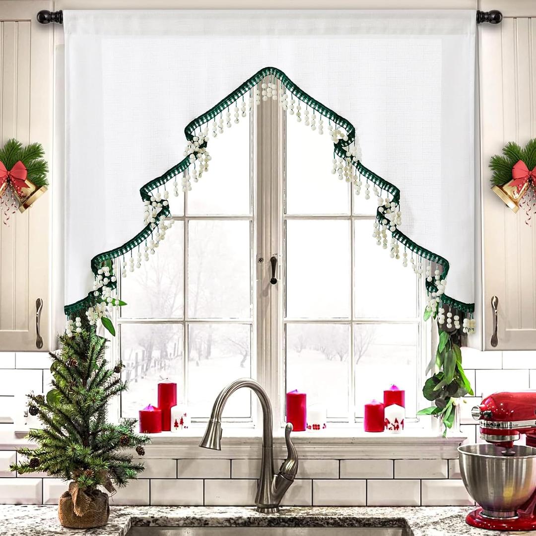 Estmy Boho Cute Christmas Tree Kitchen Curtain, White and Green, 47'W x 36'L, 1PCS