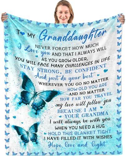 to My Granddaughter Gifts from Grandma Throw Blankets, Gift for Granddaughter Birthday Graduation Gifts Idea, Granddaughters Butterfly Flannel Soft Blanket Throw 50"x60"