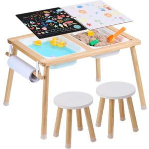 VEVOR Sensory Table and Chairs Set, Toddlers Activity Table with 2 Stools, 2 Storage Bins & Paper Roll Holder, Indoor/Outdoor Play Sand and Water Table, Wooden Kids Sensory Table - Gift for Boys Girls, 23.6 X 32.1 X 19.9 Inches