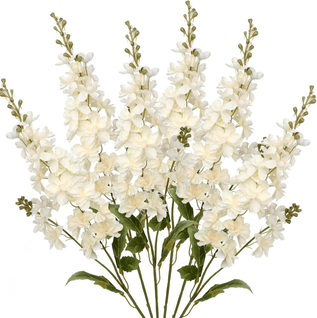 Artificial Delphinium Long Stem Artificial Flowers Rustic Fall Decor Silk Flowre for Tall Vase Fake Snapdragon Silk Delphinium Flowers Arrangement Fake Delphinium Salmon Flower Fake Long Llowers-6 pcs (White)