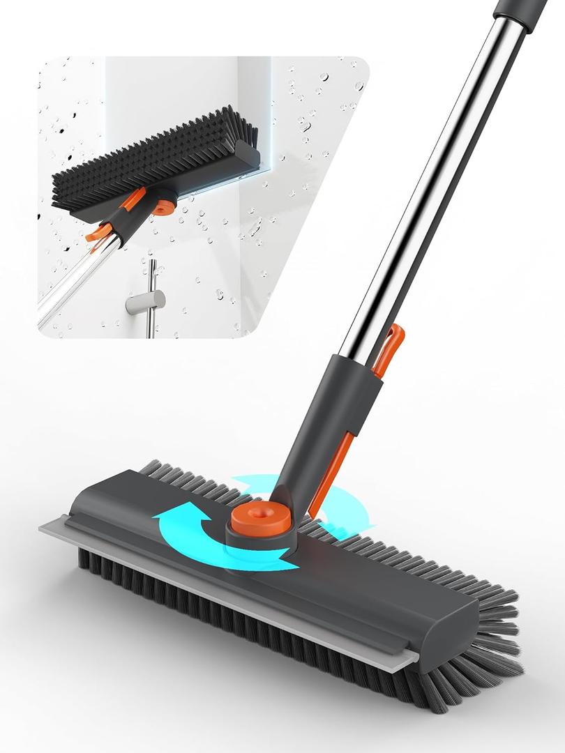 Floor Scrub Brush with Long Handle, 3 in 1 Multi-angle Swivel Right Angled Bristle Floor Scrubber Brush with Squeegee and Tweezer for Cleaning Tile Wall Deck Bathroom Patio Garage Kitchen (Grey) (Gray)