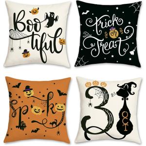 Bonhause Halloween Pillow Covers 18 x 18 Inch Trick or Treat Spooky Black Cat Bat Decorative Pillow Cases Soft Velvet Cushion Covers for Couch Sofa Bed Fall Holiday Halloween Decor Set of 4