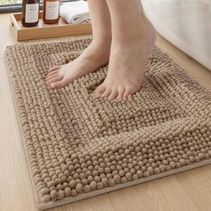 DEXI Bath Mats for Bathroom 16x24, Non Slip Washable Bathroom Rug, Thick Soft Chenille Absorbent Bathmat for Shower Floor, Fluffy Shaggy Carpet for Tub, Dark Beige