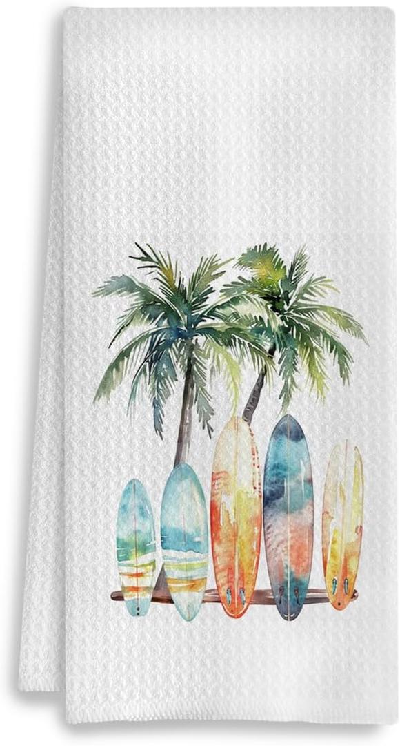 2 x Coastal Summer Beach & Bath Dish Towels - Tropical Palm Tree Decorative Hand Towels for Kitchen & Bathroom Decor, 16x24 Inch, Small