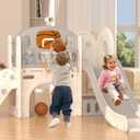 XJD 8 in 1 Toddler Slide Set, Kids Slide for Toddlers Age 1+, Toddler Climber Slide PlaySet with Basketball Hoop and Ball,Outdoor Indoor Playground for Toddlers 1-3 (Beige Grey, 8 in 1)