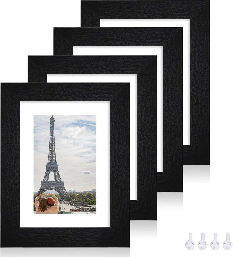Hongkee 5x7 Picture Frame Set of 4, Made of Real Glass and Rustic Black Wooden Frame, 5 by 7 Photo for Wall or Tabletop - Display Picture 4x6 with Mat or 5x7 Without Mat