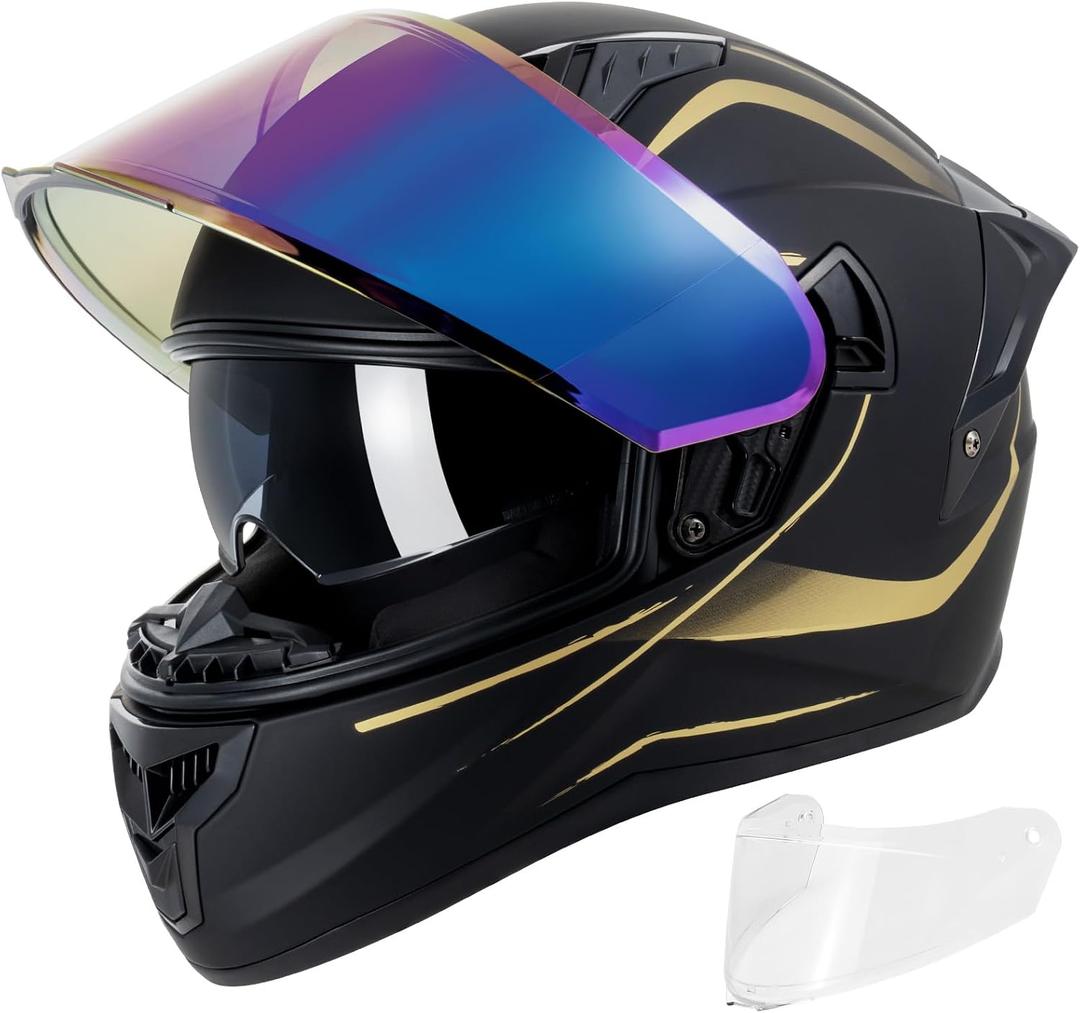 Full Face Motorcycle Helmets for Adult Men Women, DOT Approved Street Bike Racing Helmet Dual Visor Quick Release Buckle, Motorbike ADV Moped Helmet with Extra Clear Visor (Matte Black Gold, L)