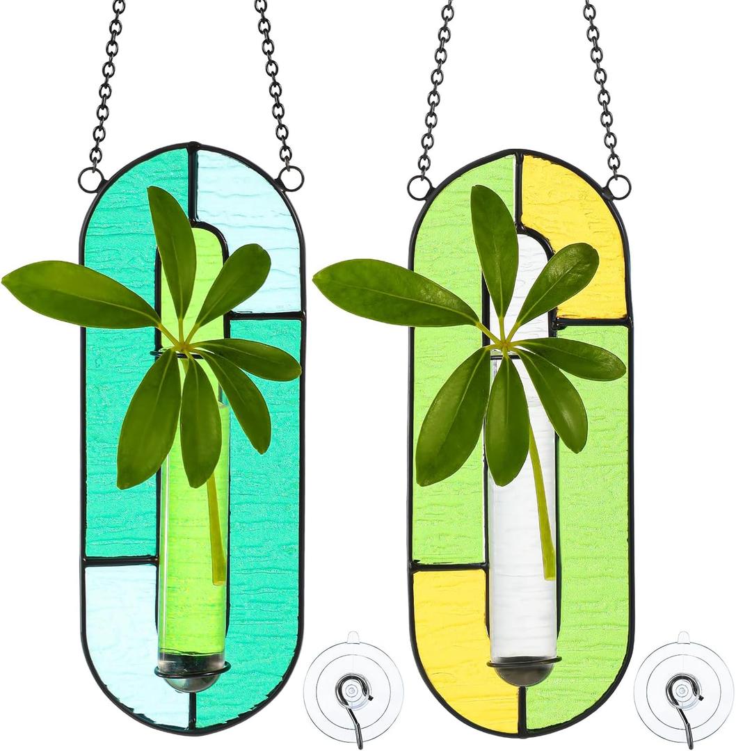 2 Sets Window Propagation Stations Stained Glass Plant Propagation Station with Glass Tubes and Chain Hanging Terrarium Wall Plant Holder Decor for Living Room Window
