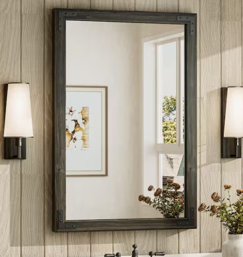 Brown Wooden Mirror, 36"x24" Rustic Farmhouse Solid Wood Frame, Large Rectangular Wall-Mounted or Leaning Mirror for Bedroom, Living Room, Entryway (Brown)