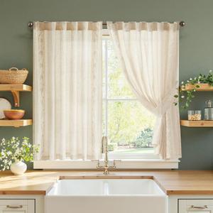 jinchan Small Window Curtains 54 Inch Length Linen Cafe Curtains for Kitchen Bathroom Bordered Floral Embroidered Short Drapes Rustic Farmhouse Light Filtering Curtain Set 2 Panels Ivory on Beige