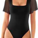MANGOPOP Women's Bodysuit Square Neck Ruffle Flutter Sheer Mesh Short Sleeve Slim Fit Blouse Body Suits Tops Casual (Large, 01 Black)