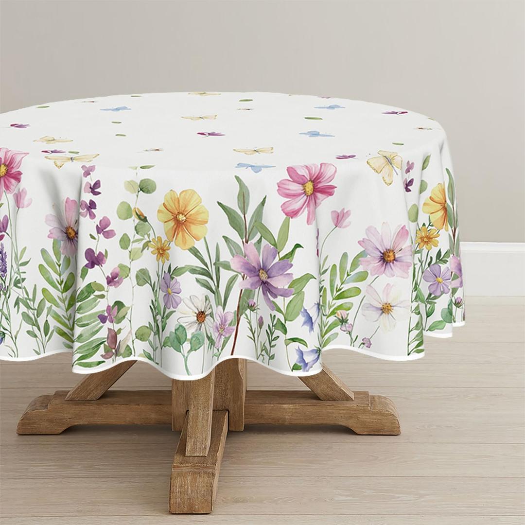 Horaldaily Spring Tablecloth 7070 Inch Round, Wildflowers Floral Butterfly Washable Table Cover for Party Picnic Dinner Decor (White)