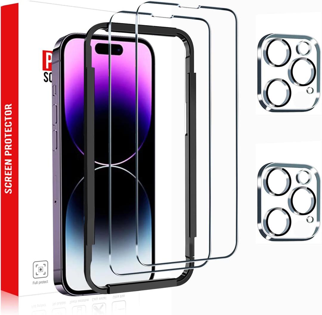[2+2 Pack] 2 Pack Screen Protector for iPhone 14 Pro 6.1 inch and 2 Pack Camera Lens Protector with Installation Frame, 9H Hardness Tempered Glass, Scratch Resistant - Case Friendly