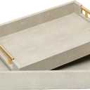 SwallowLiving Set of 2 Shagreen Serving Tray with Gold Polished Metal Handles Ivory Wood Decorative Tray PU Leather with Brushed Gold for Coffee Table Ottoman Console Table