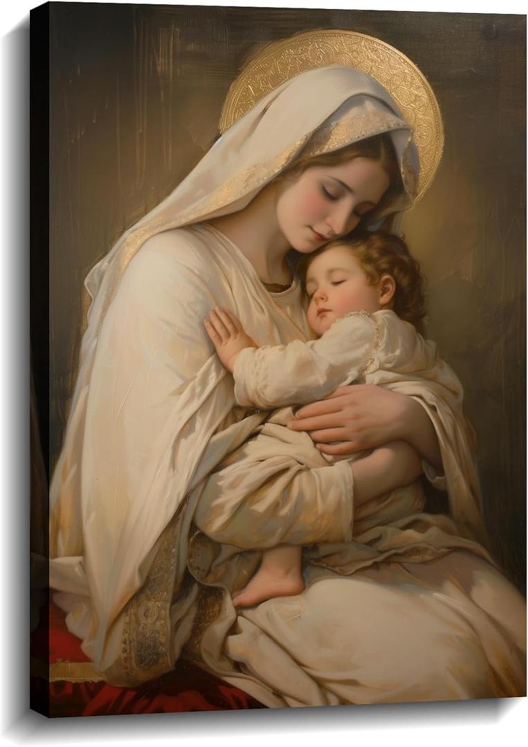 KPLUNDO Virgin Mary Wall Art Mother Mary Hold Baby Jesus Canvas Prints Religious Wall Decor Christian Artwork Home Decor for Living Room Bedroom Bathroom Office,12.00x18.00 inch
