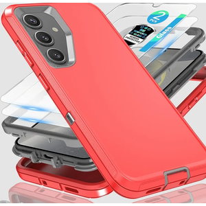for Samsung Galaxy S24 and S25 Case, 3-in-1 Heavy-Duty Protection with 2 * 0.18 Fingerprint Tempered Glass Film and Shockproof, Drop Proof, Ultra-Rugged Phone Cover S24/S25 6.2"-Red/Grey