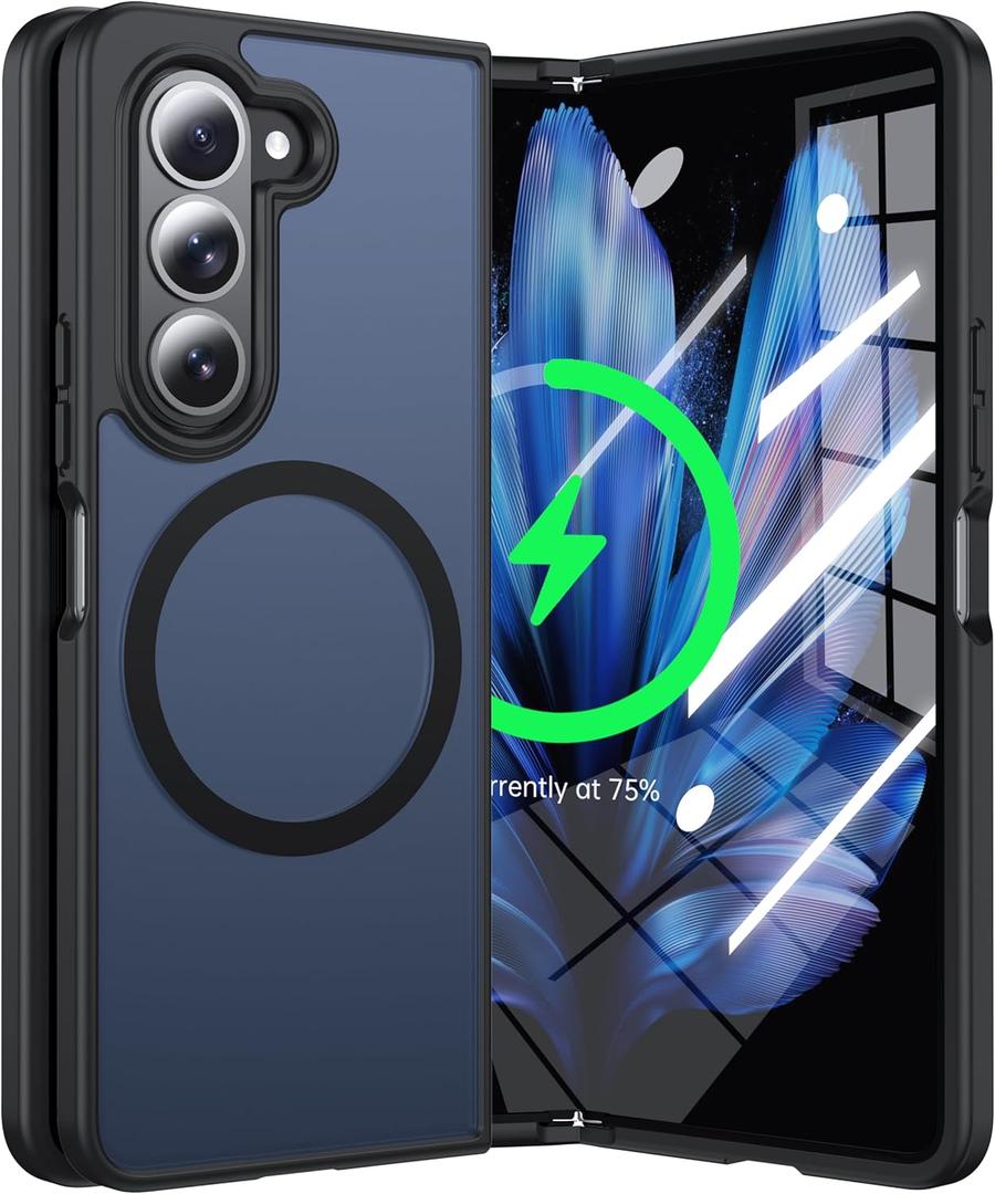 Magnetic for Samsung Galaxy Z Fold 5 Case Compatible with MagSafe [Fast Wireless Charging][Anti-Fingerprint][Military Shockproof] Translucent Matte Silicone Bumper for Z Fold 5 Phone Case,Black