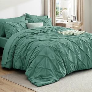 Bedsure Queen Comforter Set Graysih Green - Bed in a Bag Queen Size Bedding 7 Pieces, GentleSoft Pintuck Bed Set Gift for Family, Pinch Pleat All Season Comforter with Sheets, Pillowcases & Shams