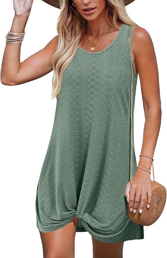 Swimsuit Coverup Summer Dresses for Women Vacation Essentials Eyelet Crew Neck Loose Sleeveless Twisted Dresses, Size 3XL
