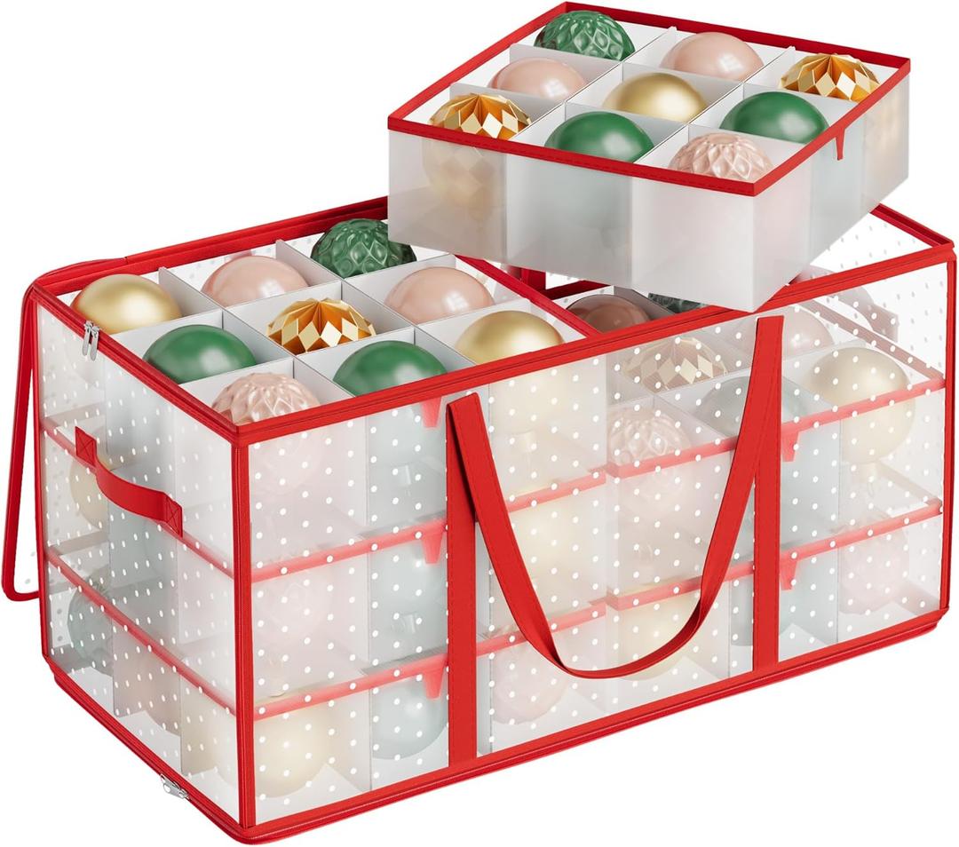 SONGMICS Large Christmas Decoration Storage Box, 4-Inch 54 Slots, Plastic Christmas Bauble Storage Box with Lid, Dual Zippers, 6 Trays, Side Handles, Cherry Red URFB030T01