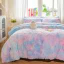 chovy Kids Girls Faux Fur Blue Rainbow Comforter Sets Twin/Full - 3PC Bed Set Soft Warm Comfortable Classical Rabbit Plush Velvet Flannel Fluffy Fuzzy BeddingComforter x 1 Pillowcases x 2