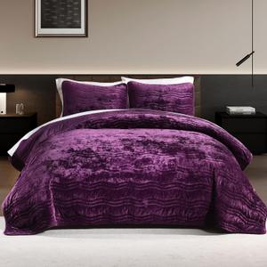 Velvet Quilt, Purple King Size Comforter Set, Luxury Bedding,Soft Plush King Bedspread, Machine Washable Coverlet,All-Season 3 Pieces
