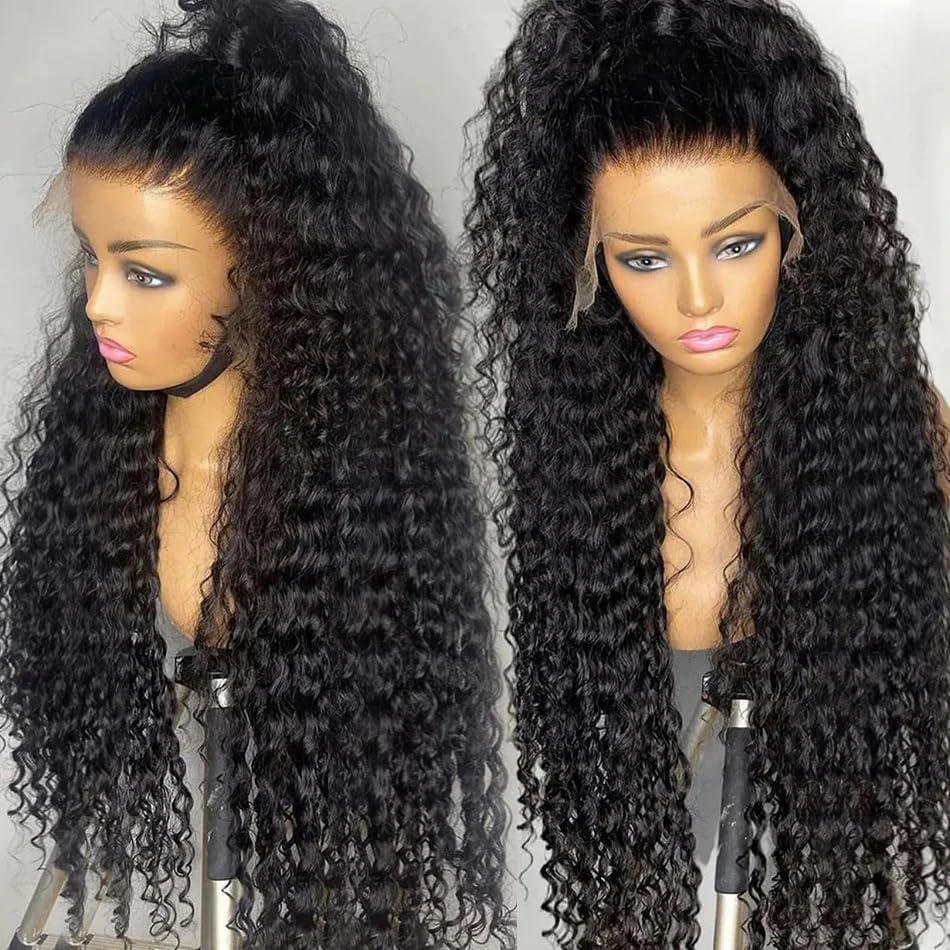 Black Curly Glueless Lace Front Wig 13x4 Long Deep Wave Lace Wigs With Baby Hair Pre Plucked 250 Density Jet Black Synthetic HD Lace frontal Loose Wave Wigs For Women Water Wave Wig 26 inches