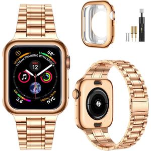 MioHHR Solid Stainless Steel Band Compatible with Apple Watch 42mm (Series 10), Metal Strap with Soft TPU Case for iWatch Series 10 42mm Women and Men, Rose Gold