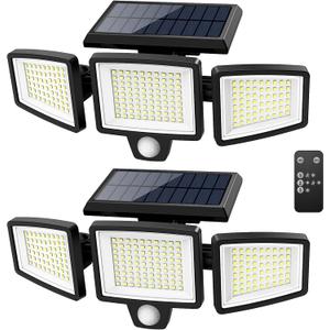 Tuffenough Solar Outdoor Lights 2500LM 210 LED Security Lights with Remote Control, 3 Heads Motion Sensor Lights, IP65 Waterproof, 270° Wide Angle Flood Wall Lights with 3 Modes (2 Packs)