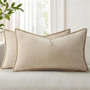 decorUhome Spring Chenille Soft Cozy Throw Pillow Covers 12x20 Set of 2, Modern Farmhouse Boho Velvet Decorative Pillow Cases with Stitched Edge for Couch Sofa Bed Home Decor, Beige