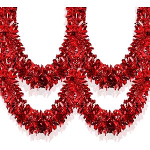 33Ft Christmas Tinsel Garland Shiny Thick Red Tinsel Decor Xmas Tree Decorations Metallic Twist Foil Garland for Birthday Thanksgiving Day New Year Parties Indoor Outdoor Party Supplies - Red