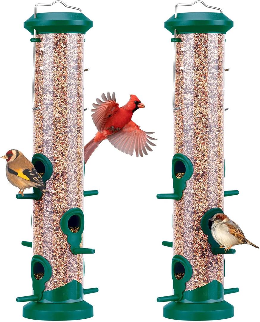 Kingsyard Pack of 2 Tube Bird Feeders for Outdoors Hanging, Premium Hard Plastic Bird Feeder with 6 Feeding Ports, Weatherproof & Steel Hanger, Attracting for Wild Birds (Green)