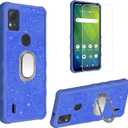 2 x Generic for Cricket Icon 5 Case Compatible with AT&T ATT Motivate 4 Leather Phone Case Cover [with Tempered Glass Screen Protector] [360 Degree rotationRing Support] SF-L, CSK-blue