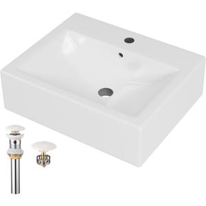Bathroom Vessel Sink, Wall Mount 20.5 Rectangle Floating Ceramic Basin for Small Bathroom with Pop-up Darin/Overflow, Modern White, Countertop